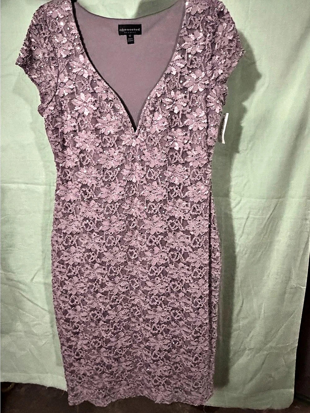 Sequin Lace V-Neck Cocktail Wedding Guest Dress Midi Dress Purple 12 NWT